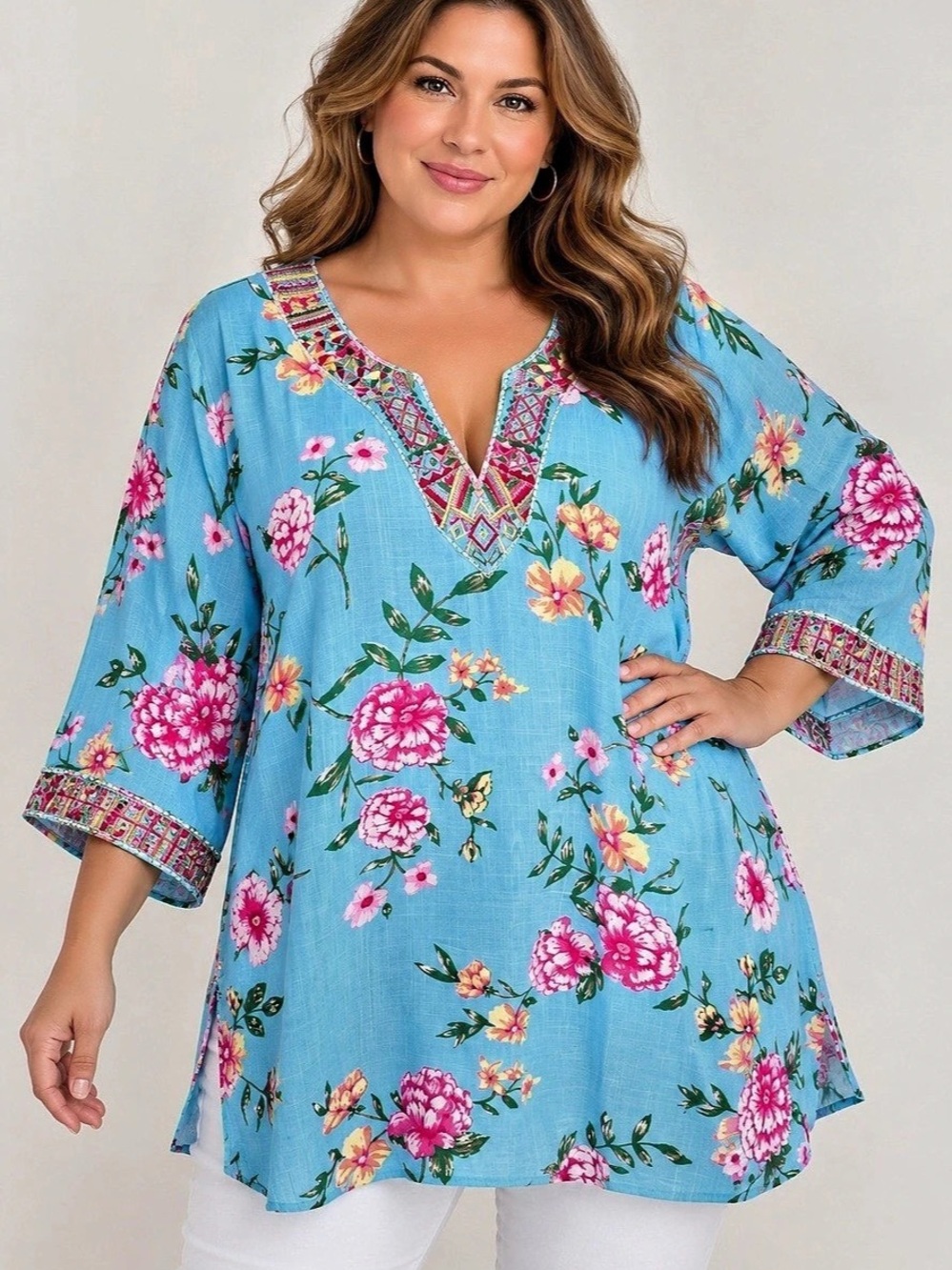 Belle by Kim Gravel Womens Size 2X Blue Floral Embroidered Tunic Top Relaxed